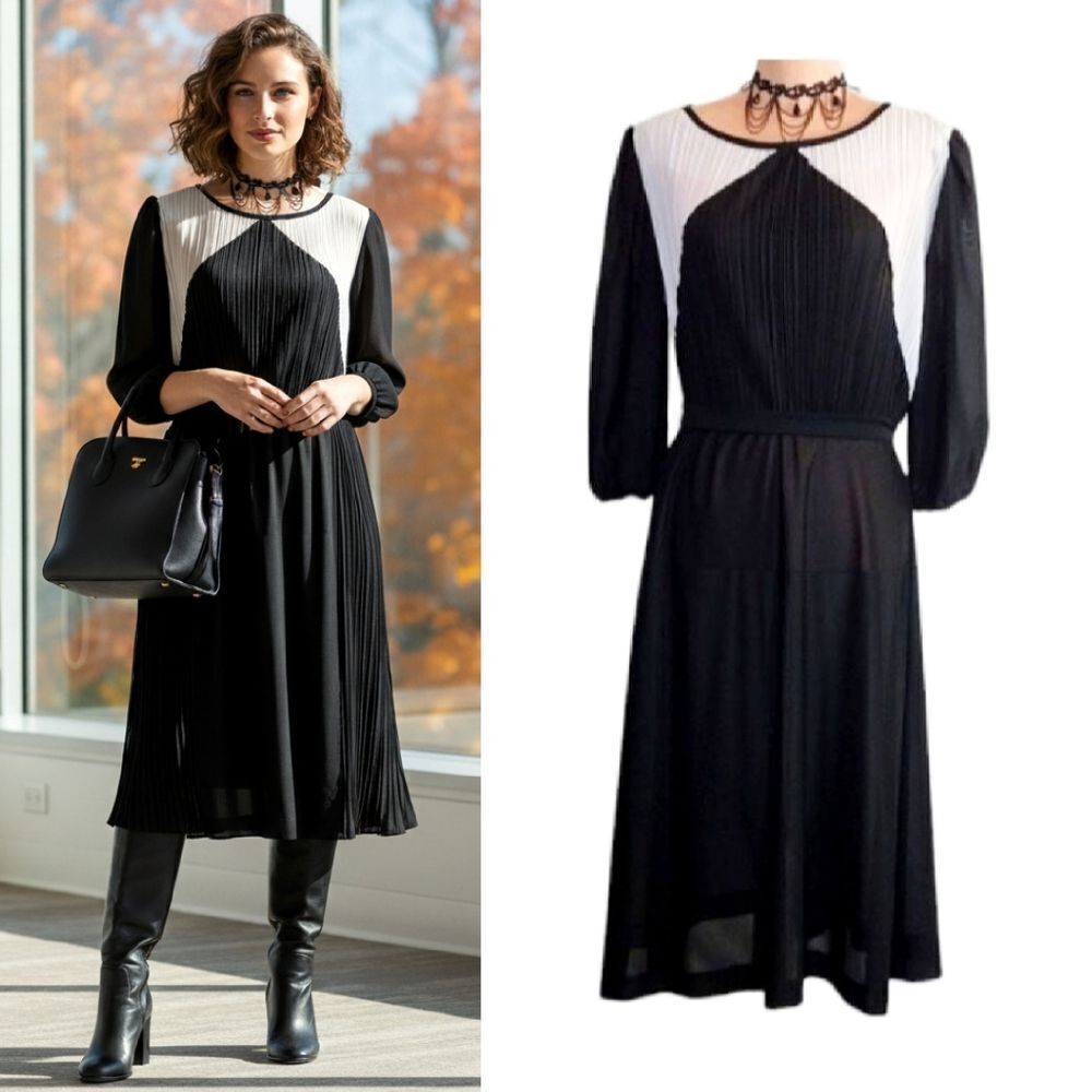 VTG 70s Black White Qrtr Sleeve Pleated Midi Dress Medium Corporate Goth